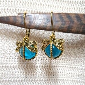 Dragonfly Gold W Aqua Jewel Dangle Earrings NWT